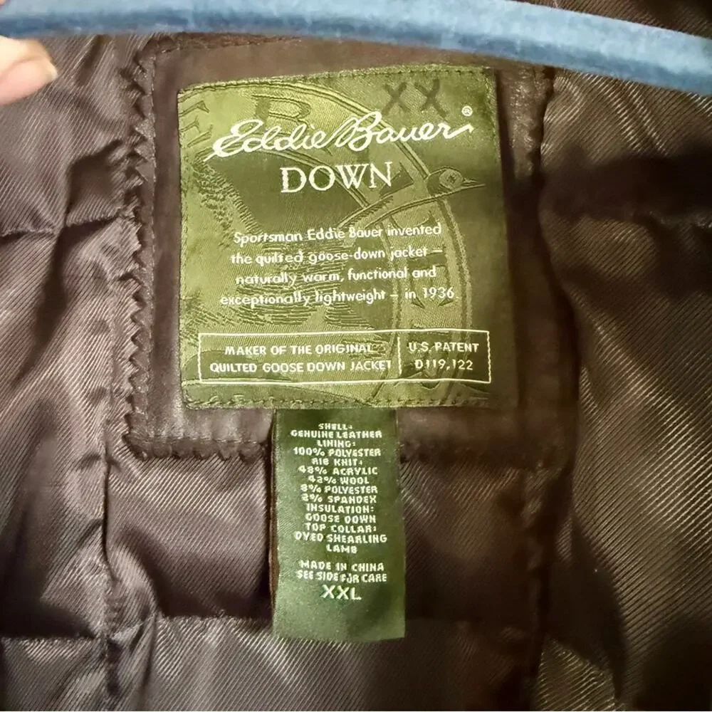 Vintage Eddie Bauer Lambskin Leather Goose Down Bomber Jacket with Plush Collar - Picture 5 of 16
